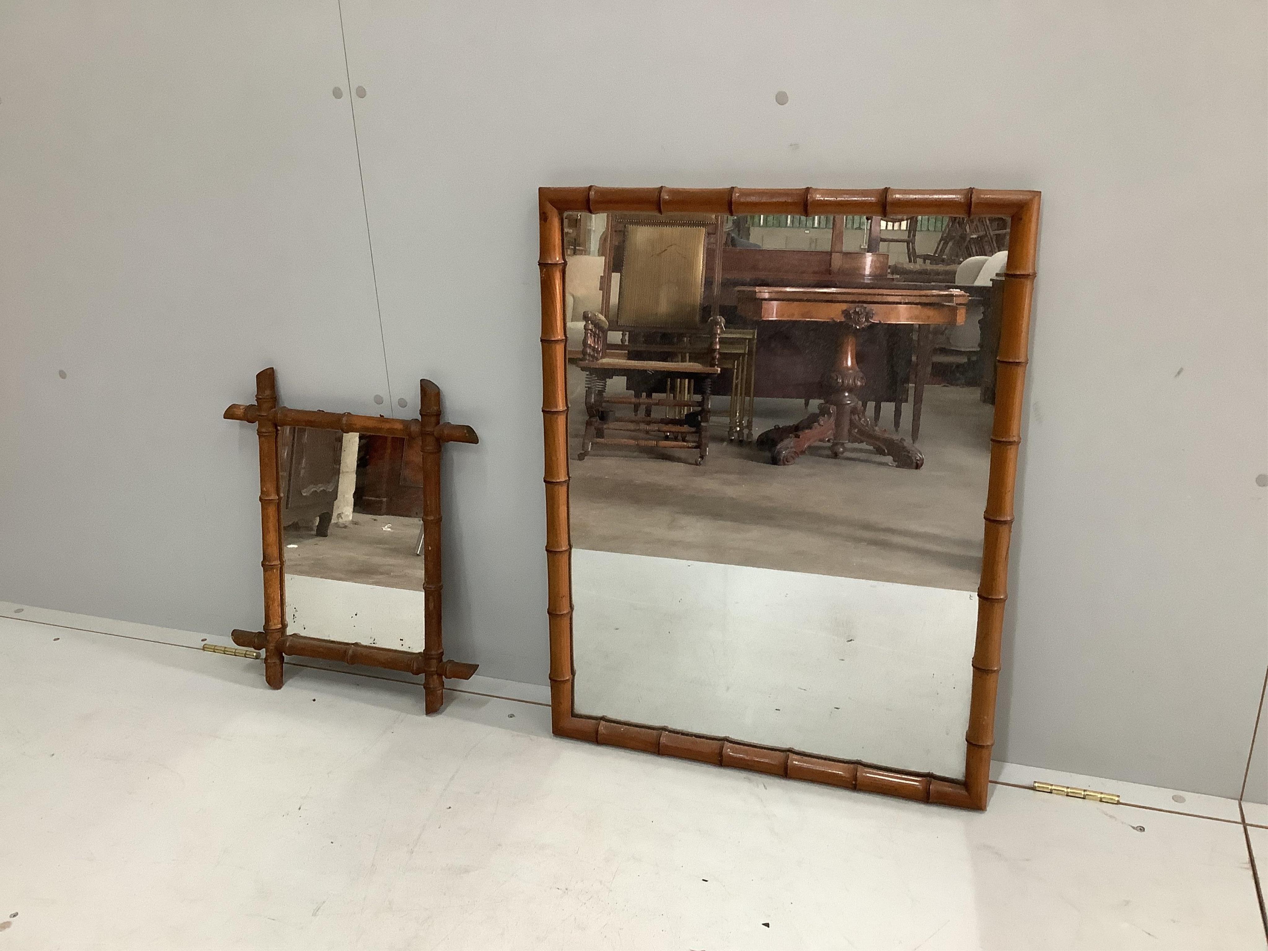 Two late 19th century French rectangular faux bamboo wall mirrors, larger width 62cm, height 80cm. Condition - fair